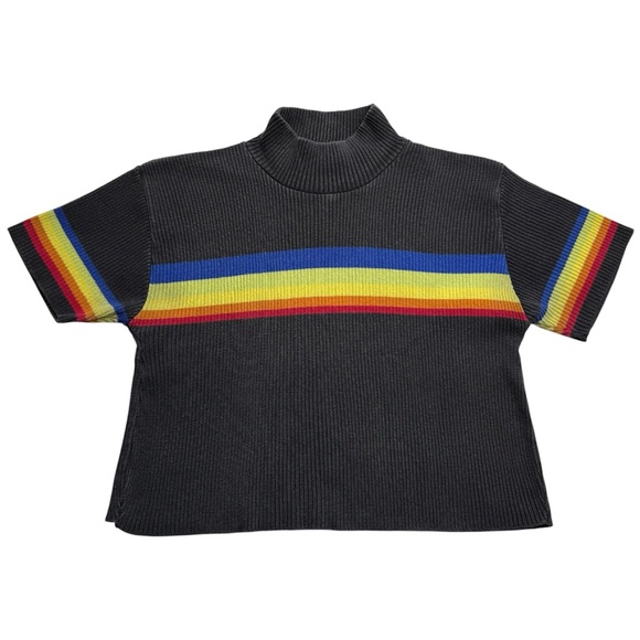 Vintage 90’s Xhilaration Black Rainbow Ribbed Mock Neck Crop Shirt Top Large - Picture 6 of 11